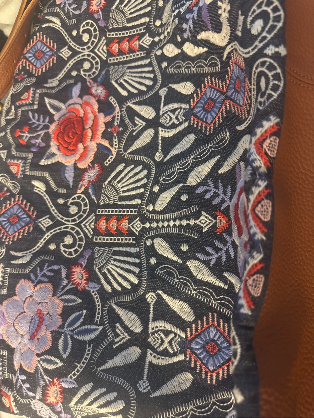 Johnny Was Navy Denim Embroidered Floral Weekender Bag with Brown Trim - Picture 13 of 13